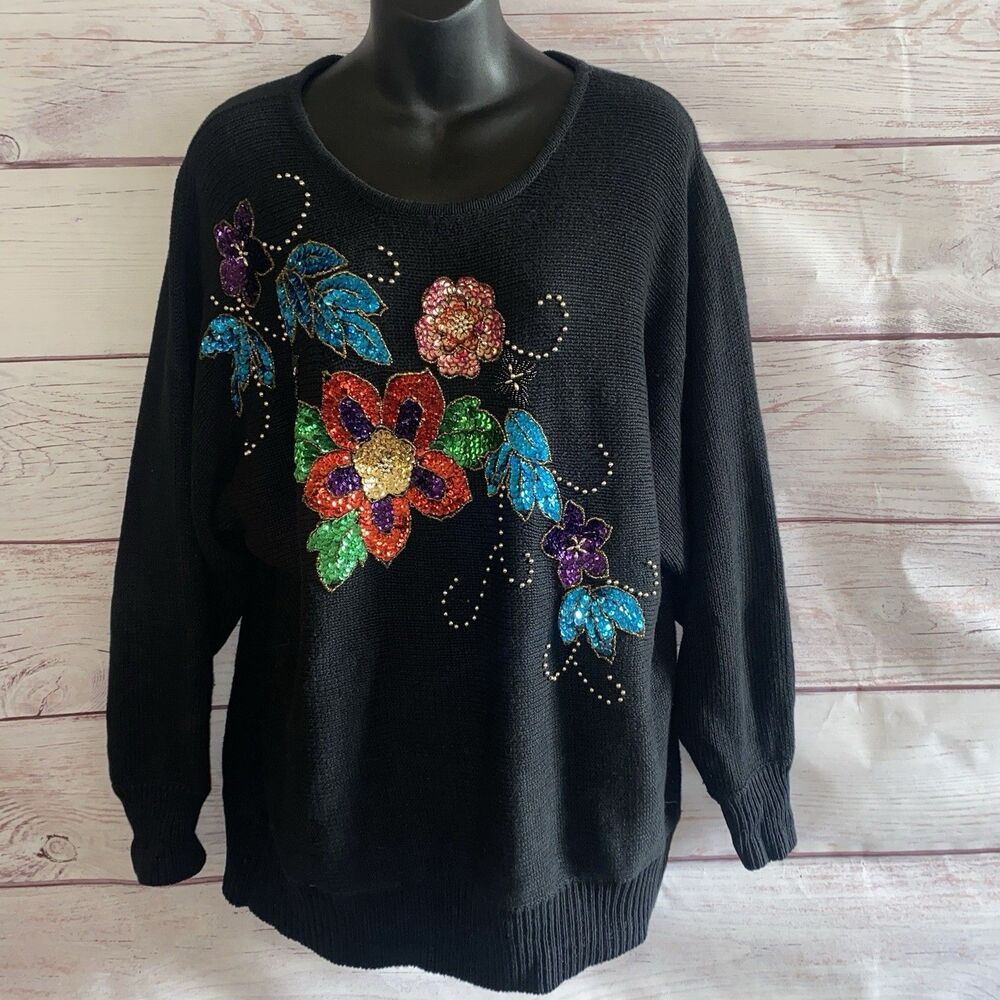 Victoria Jones Womens L Beaded Sequin Floral Sweater Black Pullover